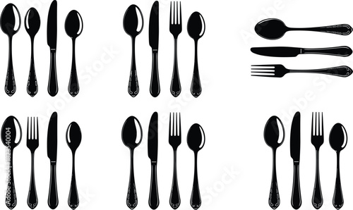 Set of black cutlery silhouettes, vector spoon fork and knife icons for restaurant menu, dining, and kitchen flatware design