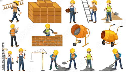 Flat lay illustration of various construction workers engaging in different tasks with tools and equipment on a clean white background.