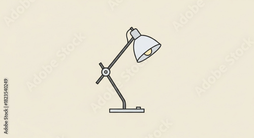 Simple illustration of a modern adjustable desk lamp with a light bulb glowing against a plain, light beige background