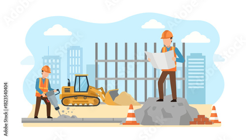 Illustration of two construction workers at a site with a bulldozer and cityscape in the background