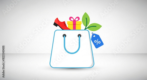 Colorful shopping bag icon filled with various retail items like a shoe, gift, and leaf, symbolizing commerce and sale