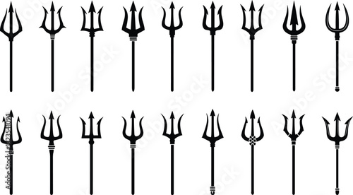 Set of black trident silhouettes, three pronged spear collection, Poseidon and devil pitchfork weapon vector icons, isolated on white background