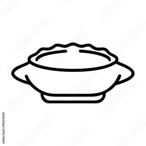 Minimalist black outline icon of a decorative serving bowl with handles, ideal for culinary design projects and kitchenware collections