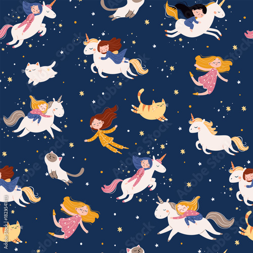 Seamless vector pattern in a simple childlike style on a white background. Cute sleeping girls fly through the night sky on unicorns, flying cats, dreams, and magic. Vector illustration