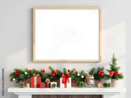 Holiday mantelpiece with gifts, garland, and blank frame mockup