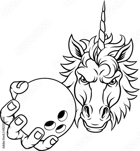 Unicorn horse stallion bowling angry sports team mascot holding a ball.