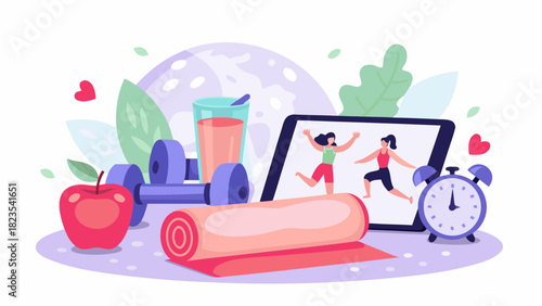 Healthy lifestyle elements including dumbbells apple yoga mat drink tablet with fitness activity and alarm clock