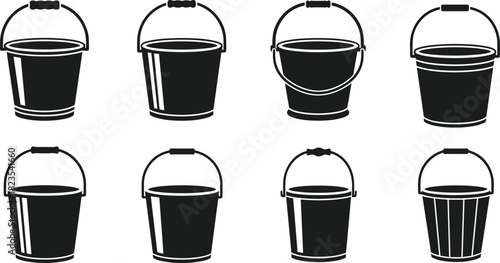 Set of bucket silhouettes, black pail icons, cleaning tool collection, household water container, vector illustration, gardening equipment symbols, isolated shapes