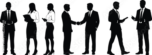 Set of business people silhouettes, corporate team shaking hands, office workers standing, professional men and women, black vector illustration collection