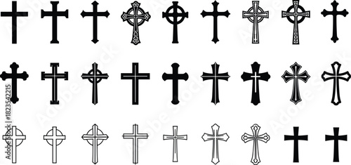 Set of Christian cross silhouettes, black religious symbols collection, Celtic and Latin vector icons, isolated on white background