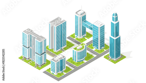 Isometric 3D illustration of a cityscape with modern skyscrapers and green spaces on a white background