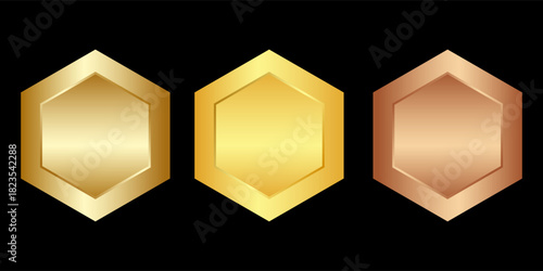Gold, silver and bronze metal circle frames 3d vector realistic illustration. First, second and third place medals or buttons isolated on white background. Certified. Quality blank, empty badge set.