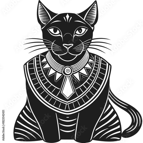Black egyptian cat vector illustration with detailed ornate collar