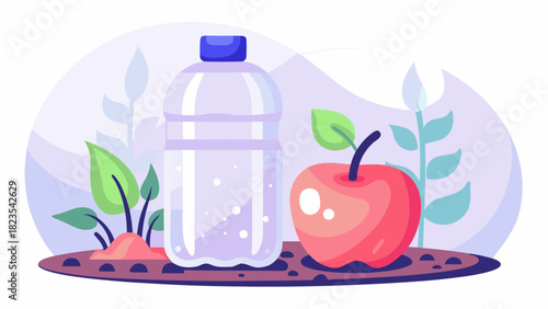 Healthy lifestyle elements featuring a refreshing water bottle and a ripe apple surrounded by greenery