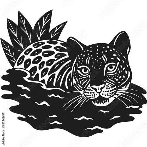 Stylized graphic illustration of a jaguar swimming in water plants