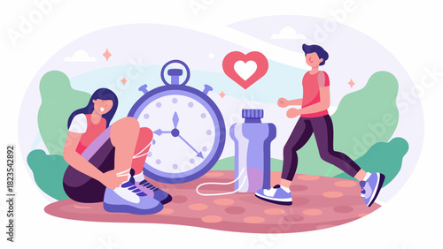 Active lifestyle illustration featuring a runner a resting person a stopwatch and a heart symbol representing health and fitness goals