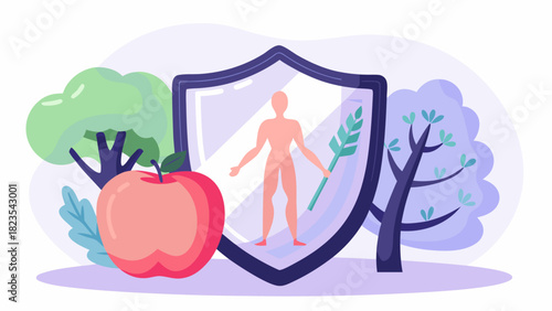 A stylized illustration of a human figure protected by a shield surrounded by nature symbolizing health and well being