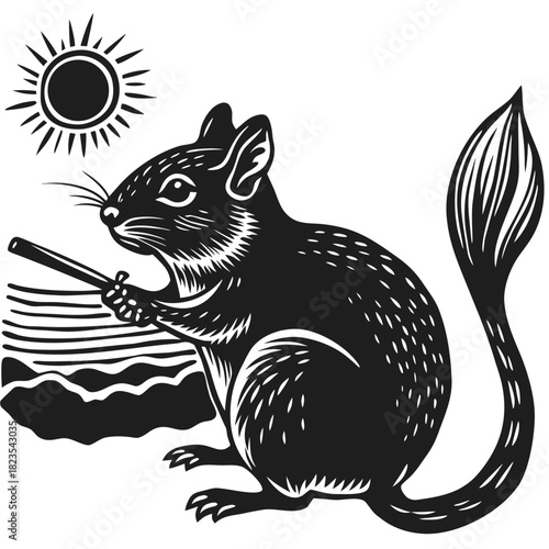 Woodcut illustration of a squirrel holding a stick under the sun