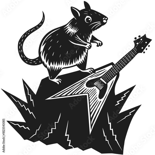 Rat rocker with electric guitar on jagged stage, music concept