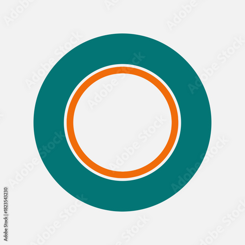 A simple graphic design featuring a teal outer circle with an orange inner ring and a white center, creating a minimalist abstract shape.
