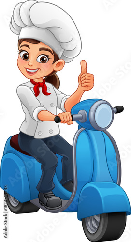 Smiling woman chef female rides a blue scooter giving a thumbs up, use for food delivery service, courier app, takeout driver, fast moped rider branding.