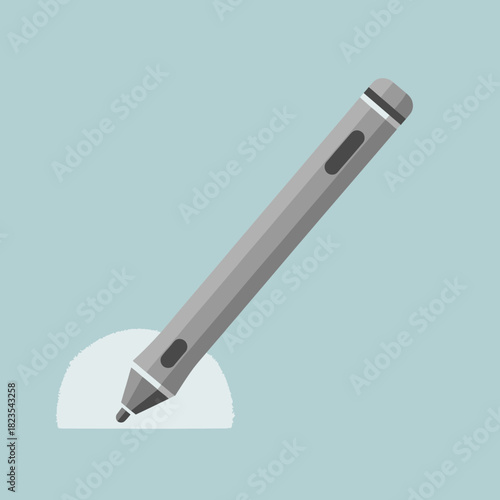 Grey digital stylus pen drawing on a light blue background, creating a white semi-circle, flat design illustration.