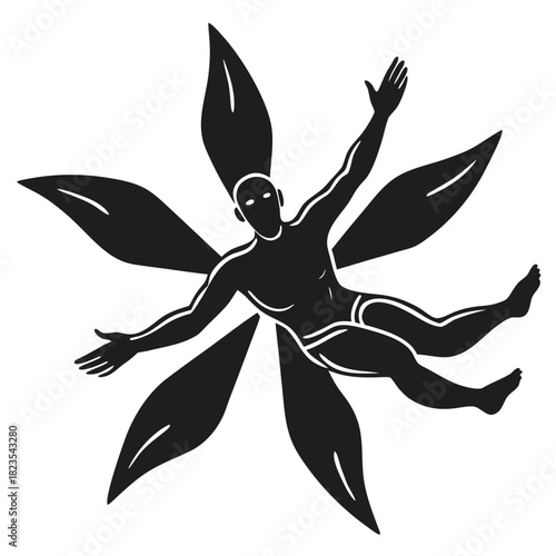 Stylized male figure floating on abstract floral design symbol
