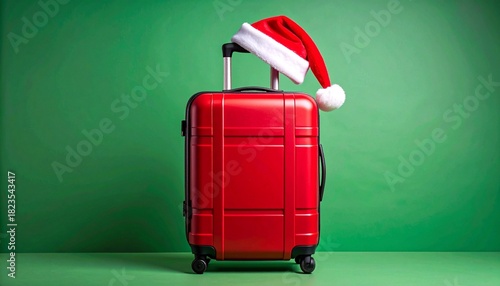 Santa hat on red suitcase with wheels against solid green background.