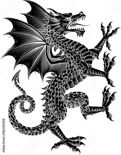 Dragon heraldry coat of arms or family crest medieval shield style heraldic animal. In a vintage woodcut style.