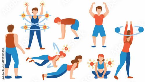 Diverse group of people performing various exercises and fitness activities in a stylized flat design illustration