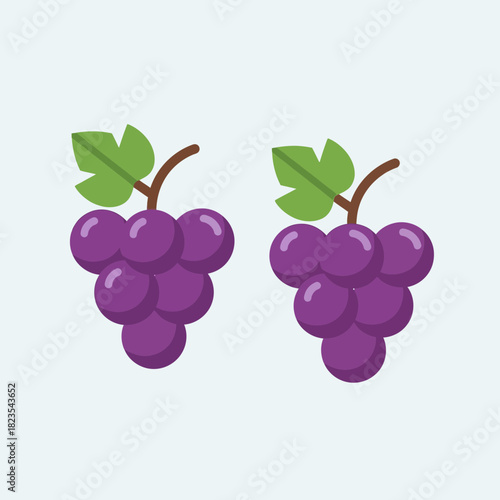Two stylized bunches of purple grapes with green leaves and brown stems.