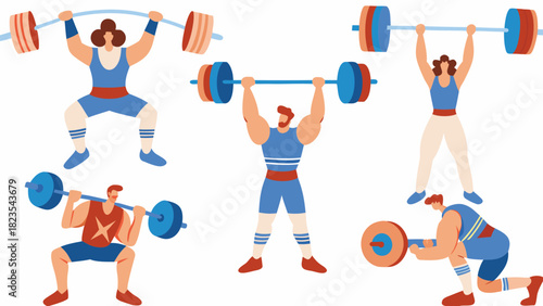 Diverse group of athletes demonstrating various weightlifting techniques and poses with barbells