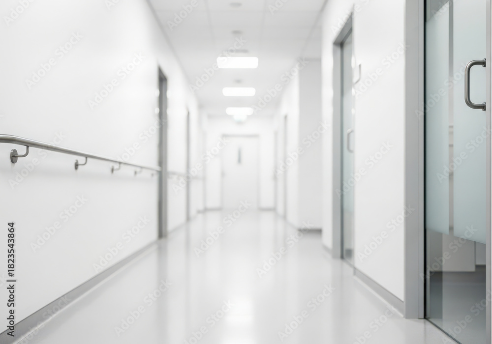 Fototapeta premium Bright, clean modern hospital corridor with doors and handrail