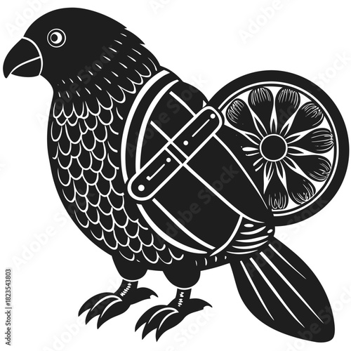Stylized bird with shield and wheel pattern, mythological emblem