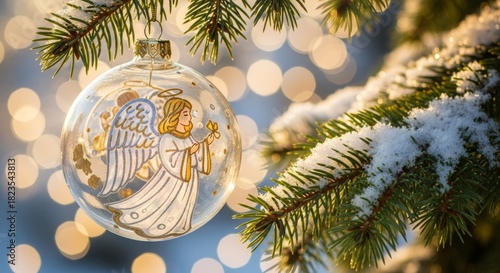 A clear Christmas ornament with an angel design hangs on a snowy evergreen branch.