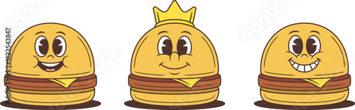 Set of three cheerful cartoon hamburger characters with cheese and patty. Various expressions and poses for mascot design. Playful vector illustration in comic style for fast food branding and emoji.