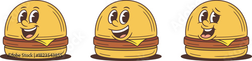 Three cartoon hamburger characters with cheese and patties. Various expressions including cool sunglasses and friendly smiles. Versatile mascot vector illustration for advertising
