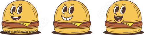 Set of three cartoon hamburger characters with cheese patties and sunglasses. Various emotional expressions for mascot design. Playful vector illustration perfect for advertising campaigns