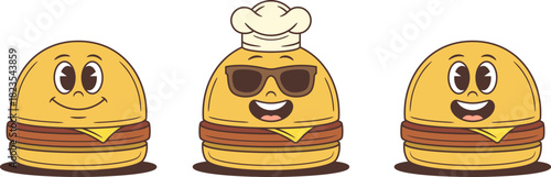 Set of three cartoon hamburger characters with cheese and patties. Various expressions including chef hat and sunglasses. Friendly mascot vector illustration for food branding and advertising.