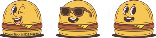 Three cartoon hamburger characters with cheese patties and winking expression. Features sunglasses and various emotions for mascot design. Cheerful vector illustration perfect for food branding