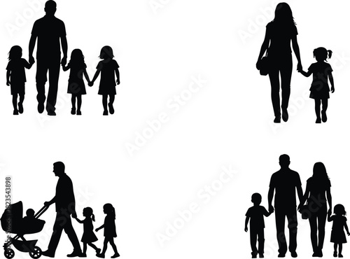 Set of family silhouettes walking, parents holding hands with children, father, mother, stroller, vector illustration isolated on white background