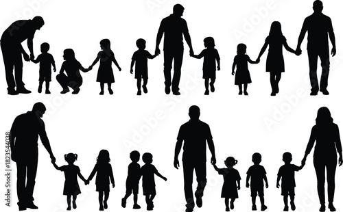 Set of family silhouettes, parents holding hands with children, walking people collection, happy mom and dad, vector illustration, isolated figures