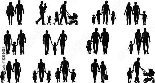 Set of family silhouettes, parents walking with children, couples holding hands, father pushing stroller, happy people collection, black vector illustration