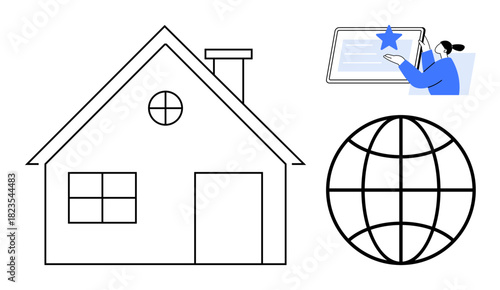 House outlined with a globe symbolizing connectivity and a person interacting with a tablet. Ideal for remote work, online education, internet access, global communication, digital transformation
