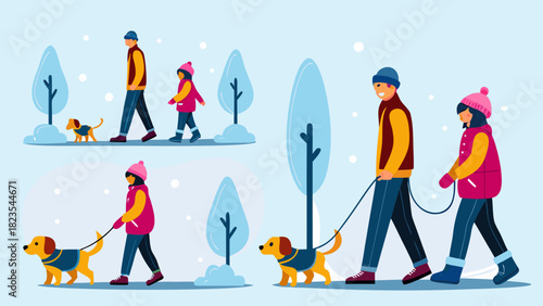 People and dogs enjoying a snowy winter day with trees and falling snowflakes in a charming illustration style