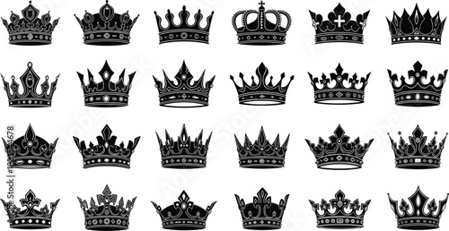 Set of black vector crown silhouettes, royal king and queen symbols, heraldic imperial icons, luxury logo design elements collection