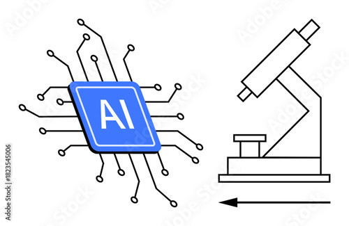 Artificial intelligence merging with scientific research. AI ed by digital chip, microscope suggests data-driven innovation. AI impacts science, medical research, technology. For AI applications