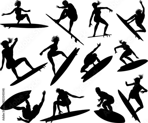 Surfer surfboard boarding male and female surfers surfing silhouette outlines. Men and women surf set design concept.