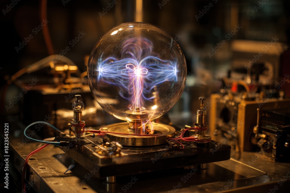 Naklejka premium Spectacular science experiment showcasing a glass dome with electric plasma arcs during a demonstration in a laboratory setting