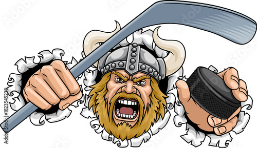 An angry Viking cartoon character holding hockey puck and stick ice hockey sports team mascot illustration.